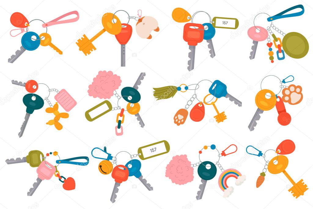 Keys with accessories flat icons set.