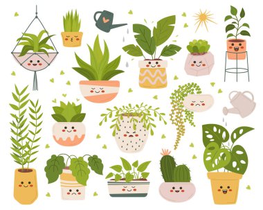 Yeşil ve solgun ev bitkisi ikonlarının olduğu karikatür kapları. İç dekorasyon için tropik bitki. Güzel kaktüs. Vektör illüstrasyonu