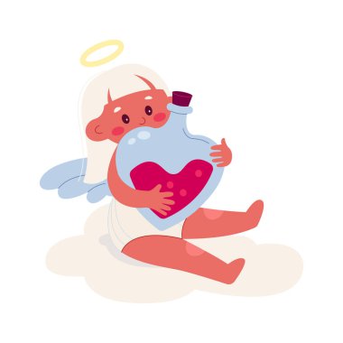 Aşk iksiri ikonu olan sevimli aşk tanrısı. Vektör illüstrasyonu