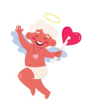 Sevimli aşk tanrısı düz ikonu balonlu mutlu melek. Vektör illüstrasyonu