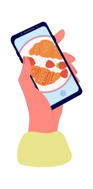 Akıllı telefon ikonu Yemek Kruvasanları blogu tarafından fotoğraf çekiliyor. Vektör illüstrasyonu