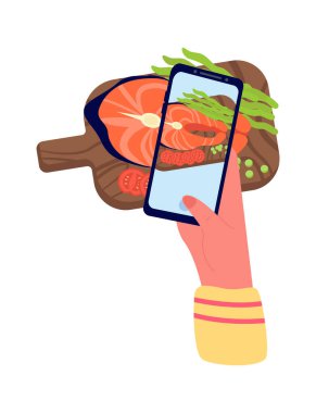 Yemek blogu düz simgesi kesim tahtasında fotoğraf somonu çekiyor. Vektör illüstrasyonu