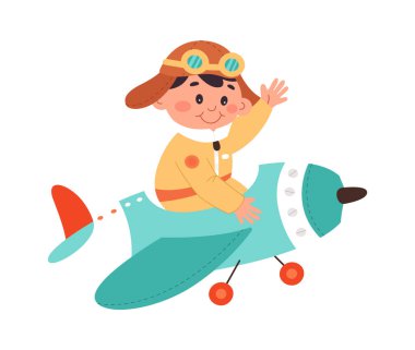 Sevimli çizgi film havacısı düz ikon bebek uçakta. Vektör illüstrasyonu