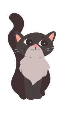 Şirin siyah kedi yassı bir simgede oturuyor. Komik evcil hayvan. Vektör illüstrasyonu