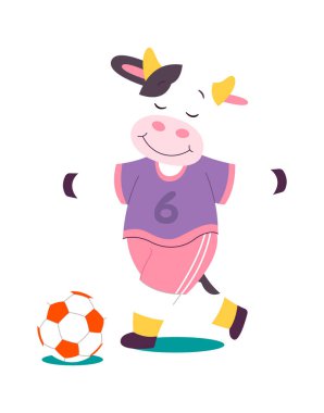 Futbol topu oynayan komik inek, düz ikon spor oyunu. Vektör illüstrasyonu