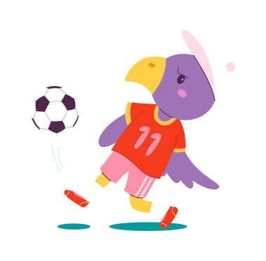Futbol oynayan komik bir kuş, düz ikon spor oyunu. Vektör illüstrasyonu