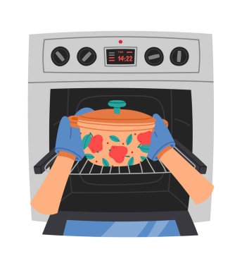 Elektrikli fırında düz ikon mutfak aletlerinde yemek pişirmek. Vektör illüstrasyonu