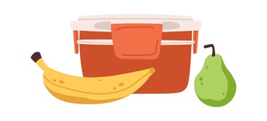 Okul beslenme çantasının düz ikonu dengeli beslenme meyveleri. Vektör illüstrasyonu