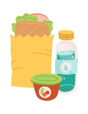 Okul beslenme çantası düz sandviç, su ve meyve suyu. Vektör illüstrasyonu