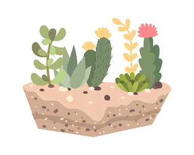 Toprak düz ikon Houseplant 'daki farklı dekoratif bitkiler. Vektör illüstrasyonu