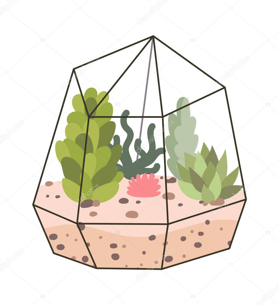 Glass terrarium flat icon Evergreen houseplant Decor element. Vector illustration