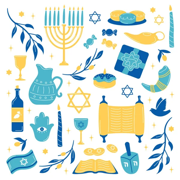 Symbols of jewish holiday hanukkah flat icons set. Special holiday elements. Jewish menorah, David star, manuscript, wine and sweets. Judaism faith. Color isolated illustrations