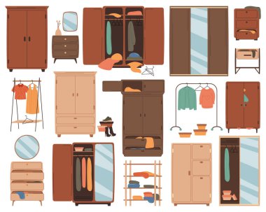 Gardırop düz simgeler ayarlandı. Modern ev dekorasyonu. Ayna, bavul, dekoratif vazo, gömlekli askı, kazak, ayakkabı. Tahta mobilyalar. Renksel izole çizimler