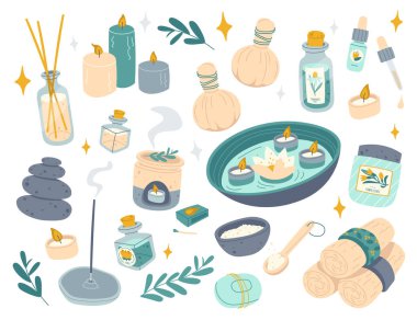 Aromaterapi düz simgeler ayarlandı. Terapi amaçlı mumlar, gerekli yağlar, dinlenmek için yumuşak havlular. Kozmetik ve öz bakım. Spa prosedürleri. Renksel izole çizimler