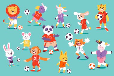 Komik çizgi film Hayvan Futbolcuları. Spor Futbol Maçı Vahşi Yaşam Karakterleri. Vektör illüstrasyonu