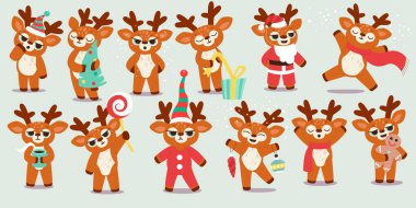 Noel geyiği düz simgeler seti. Geleneksel kış bayramı çizgi filmi geyiği hediyeler, lolipop, sıcak eşarp ve sonsuza dek yeşil ağaçla. Güzel Noel Baba kostümü. Renksel izole çizimler