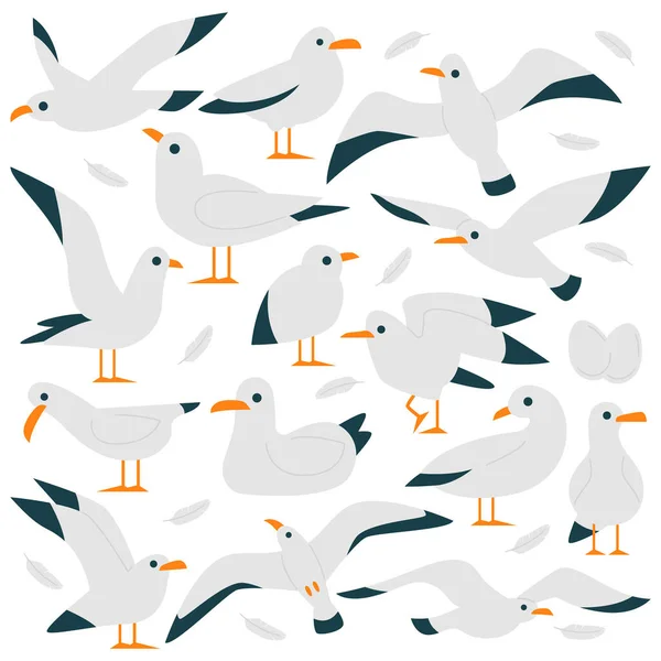 Pássaros Gaivotas Ícones Planas Set Aves Selvagens Desenhos Animados Bonitos — Vetor de Stock