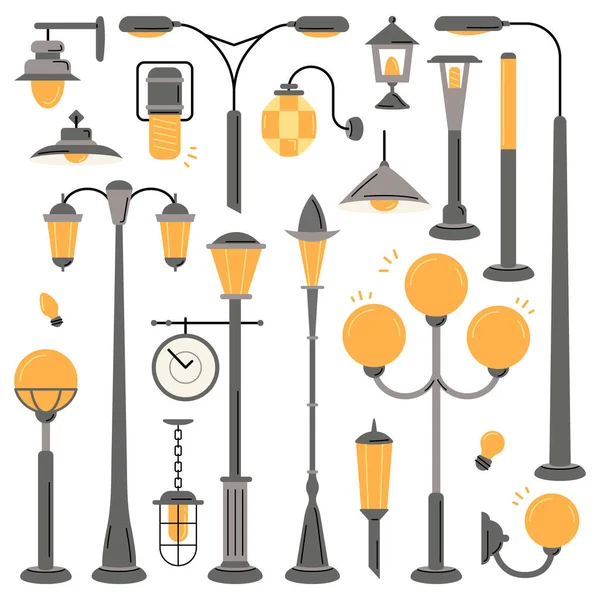 Modern Vintage Utcai Lámpák Lapos Ikonok Beállítva Városi Ősi Útmegvilágítás — Stock Vector