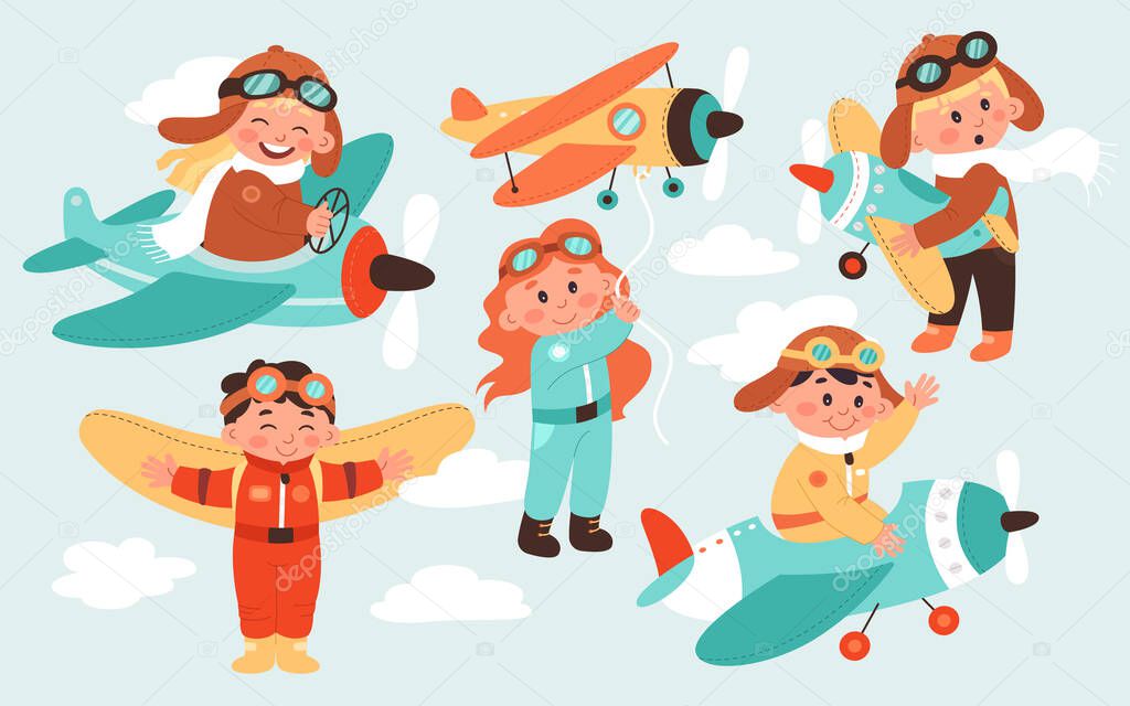 Cute cartoon pilots flat icons set. Cute baby with airplane toy, special flying suit and airplanes transport. Movement to different countries. Color isolated illustrations