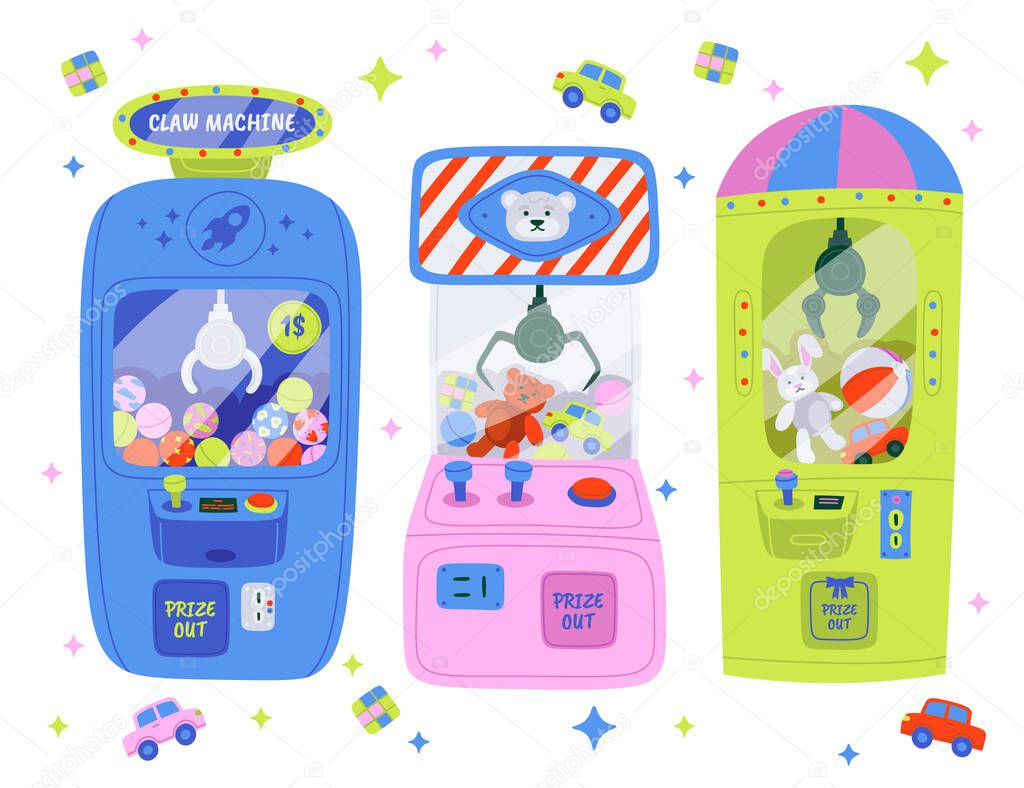 Claw crane grabber machines flat icons set. Machine for catch toys. Fluffy bear, rabbit, colorful ball and car for playing, Entertainment services. Color isolated illustrations