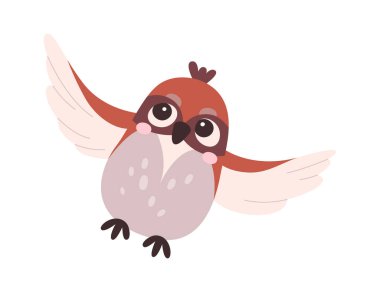 Açık kanatları olan küçük şirin çizgi film serçesi. Vektör illüstrasyonu