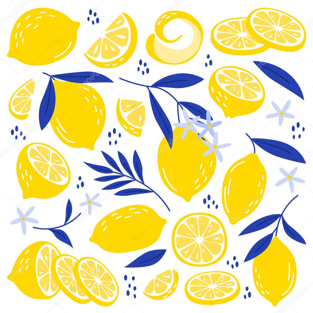 Lemons flat icons set. Oval citrus fruit with thick yellow skin. Slice of fresh vitamin and juicy fruit. Peel, branch, leaves, small slice.Color isolated illustrations