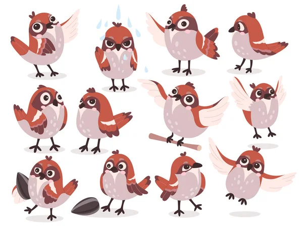Dessin Animé Moineaux Icônes Plates Ensemble Mignon Petit Oiseau Bec — Image vectorielle