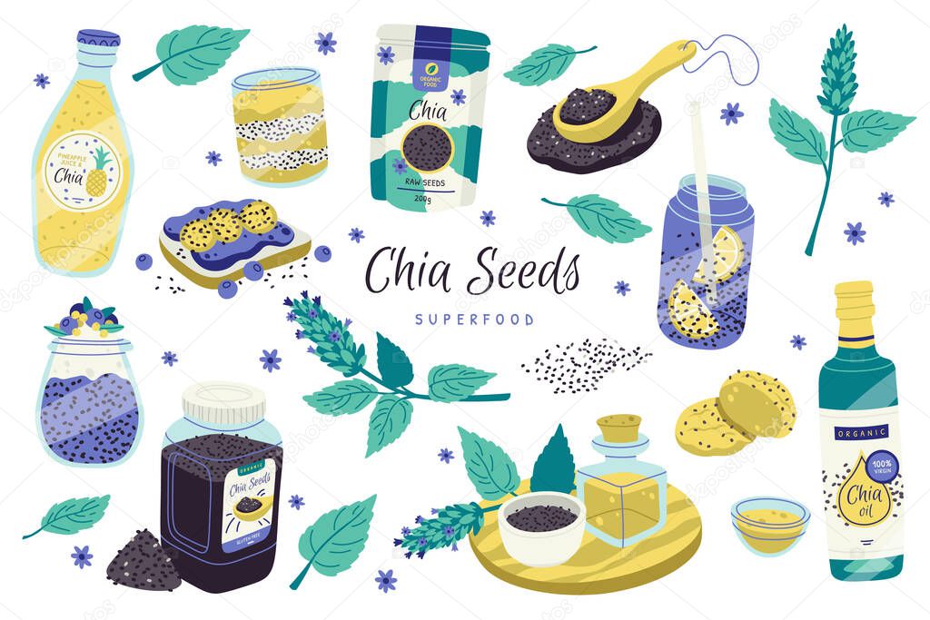 Chia seeds flat icons set. Tasty and healthy desserts and juice. Pineapple pudding, chia sandwich and oil. Food supplements. Organic grains. Color isolated illustrations