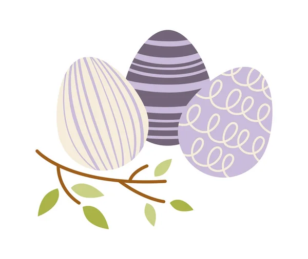 Ağaç Dalı Düz Ikonlu Paskalya Yumurtaları Vektör Illüstrasyonu — Stok Vektör