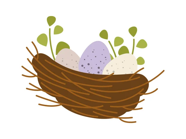 Düz Bir Ikonun Içinde Yumurtaları Olan Ince Dallardan Oluşan Kuş — Stok Vektör