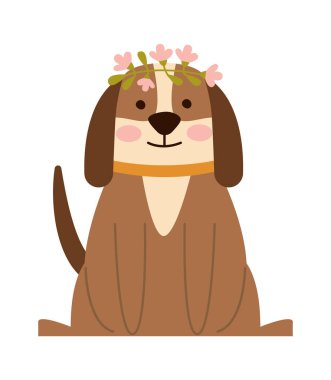 Çiçekli, düz ikon hayvanat bahçesi hayvanı olan güzel bir köpek. Vektör illüstrasyonu