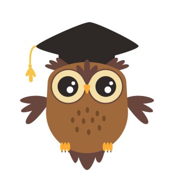 Akademik şapka düz ikonunda sevimli çizgi film bilge baykuş. Vektör illüstrasyonu