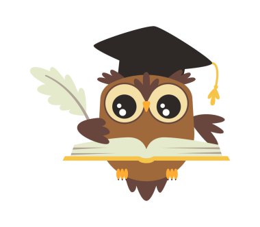 Kitap yassı ikonu olan sevimli çizgi film bilge baykuş. Vektör illüstrasyonu