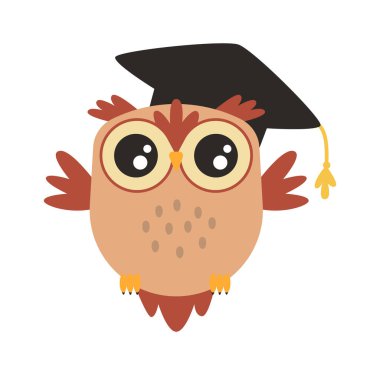 Akademik şapka düz ikonunda sevimli çizgi film bilge baykuş. Vektör illüstrasyonu