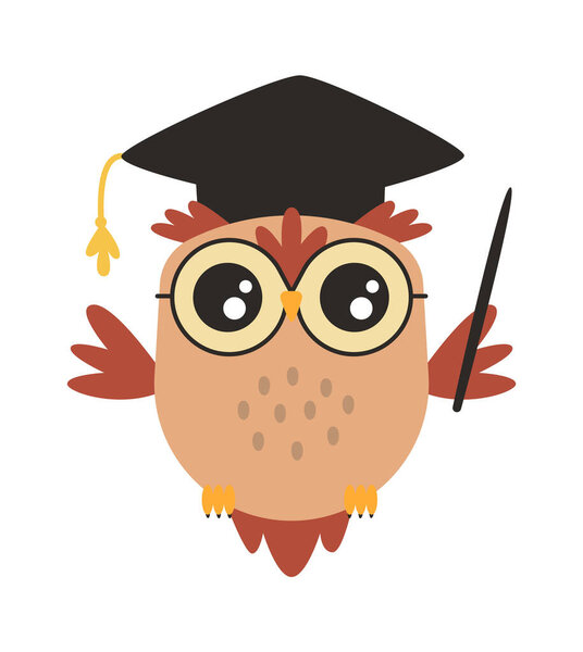 Симпатичная мультяшная сова в академической кепке с плоской иконой. Векторная иллюстрация