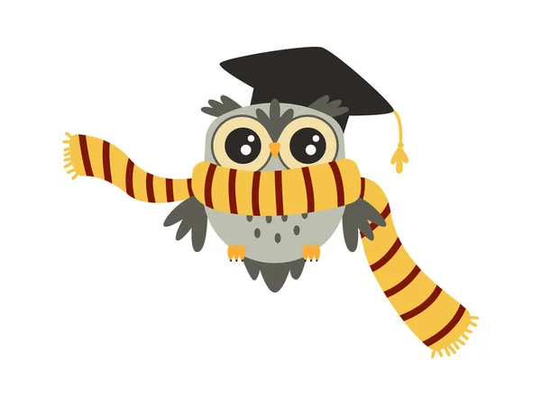 Cute Wise Owl Scarf Academical Cap Flat Icon Vector Illustration — 스톡 벡터