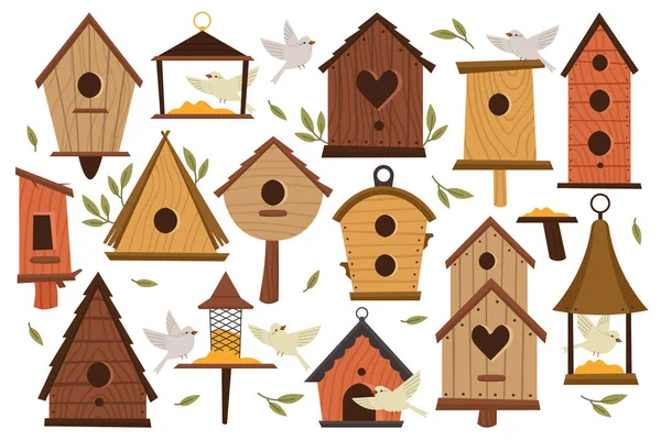 Birdhouses Flat Icons Set Small Wooden House Birds Vintage Feeder — Vector de stock