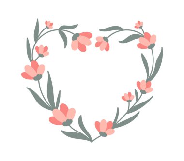 Çiçekli düz ikon kalp şeklindeki kır çiçekleri çerçeveli çiçek tasarımı. Vektör illüstrasyonu