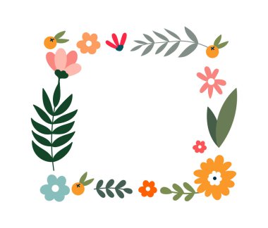 Çiçek biçimli düz ikon kare kır çiçekleri çerçeveli çiçek tasarımı. Vektör illüstrasyonu