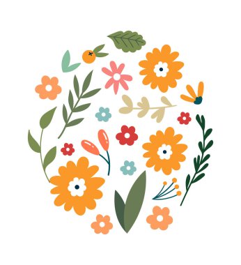 Çiçek çemberi, arka plan düz çiçek tasarımı şekillendirir. Vektör illüstrasyonu