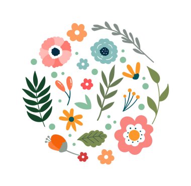 Çiçek çemberi, arka plan düz çiçek tasarımı şekillendirir. Vektör illüstrasyonu