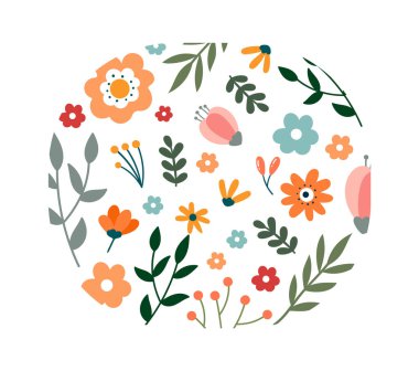 Çiçek çemberi, arka plan düz çiçek tasarımı şekillendirir. Vektör illüstrasyonu