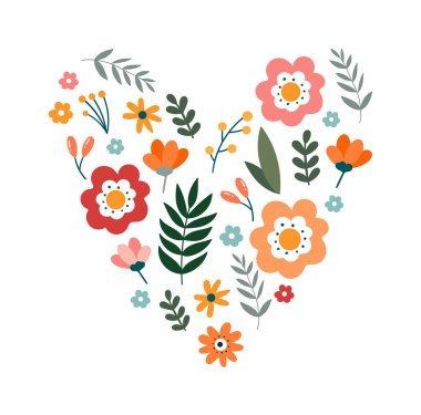 Çiçek kalp arka plan düz çiçek tasarımı şekillendirir. Vektör illüstrasyonu