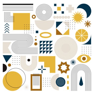 Retro stil geometrik ögeler düz simgeler dizisi. Web afişi, marka ambalajı, kumaş baskı, duvar boyası için minimalist figür ve şekiller. Renksel izole çizimler