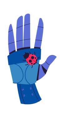 Robot el, uğur böceği simgesini tutuyor. Vektör illüstrasyonu