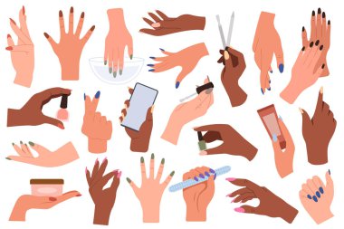 Hands with manicure flat icons set. Hands hygiene procedure.Trendy nail oval shape with designs. Decorative manicure tools and nail painting. Color isolated illustrations