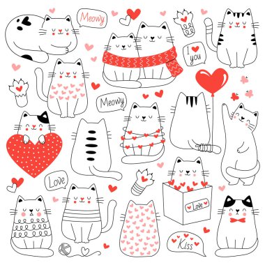 Cats and hearts in line art icons. Cute cartoon contemporary drawings. Funny pet in scarf, sweater. Love messages. Color isolated illustrations