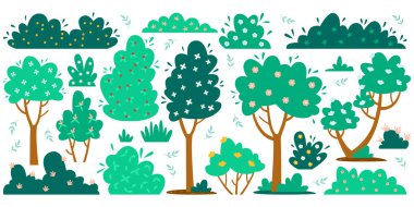 Blooming cartoon bushes and trees flat icons set. Orchard with different plants. Spring decorative shrubs with small flowers. Color isolated illustrations