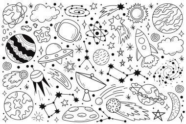 Space doodle linear icons. Different space elements. Planet, spaceship, astronaut, constellation, stars and asteroid. Astronomy. Color isolated illustrations