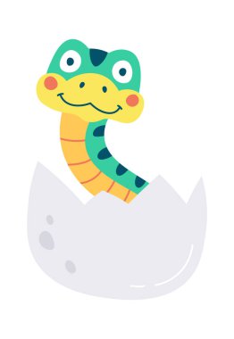 Cute snake hatched from egg flat icon. Vector illustration